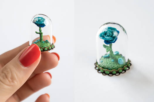 Blue Rose Under Glass Dome - Polymer Clay