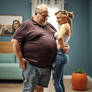 A fat, obese, middle-aged man grabs his skinny wif