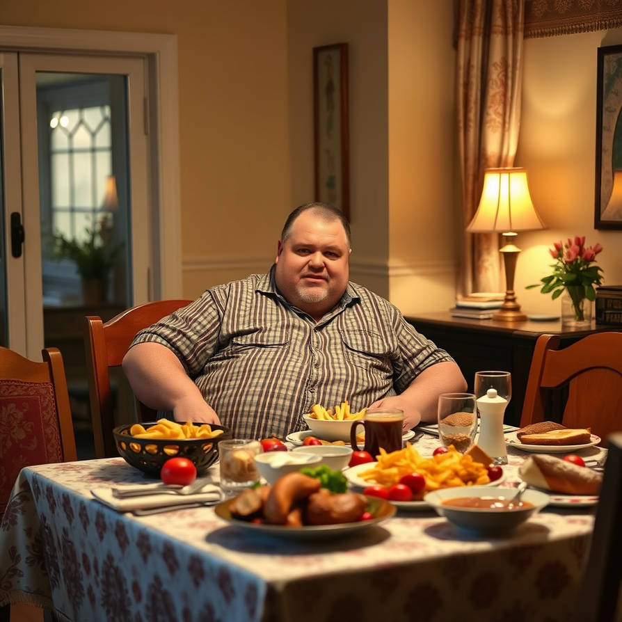 A fat man arrives sweaty from work and sits down a