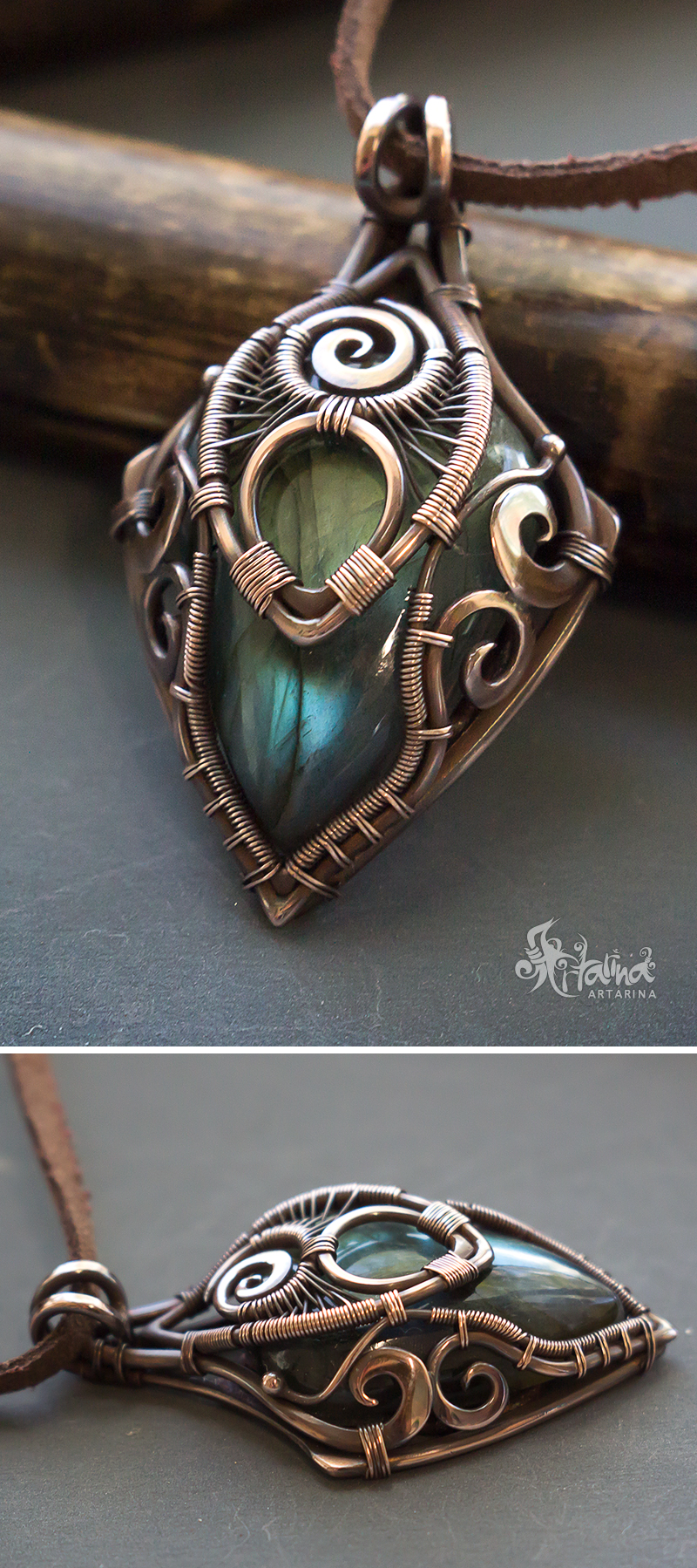 Copper wire wrapped pendant with blue labradorite