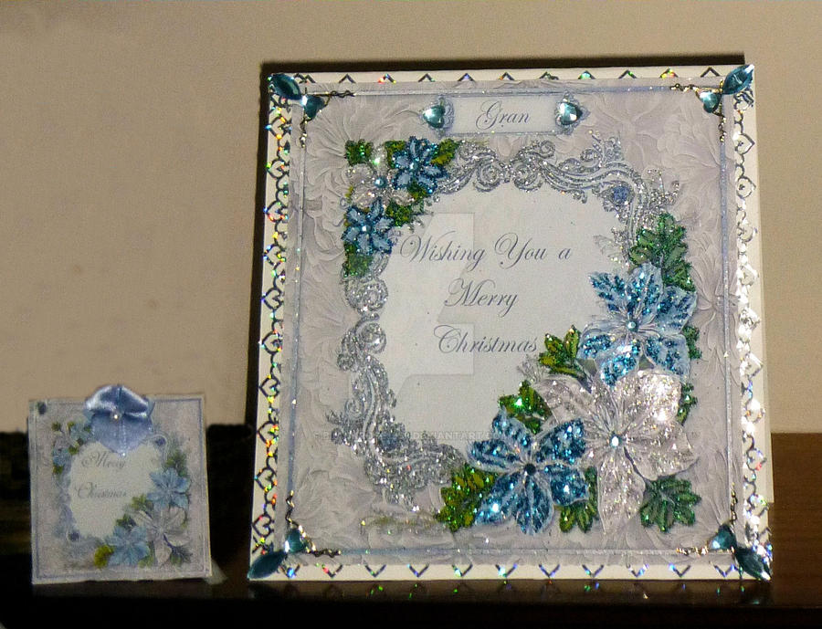 A Beautiful Silver and Blue Pointsetta card + Tag