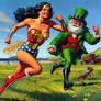 Wonder Woman Running with Leprechaun