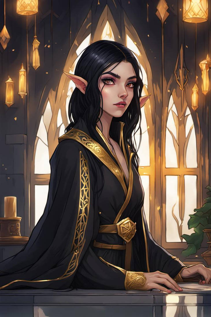 Black Hair Female Elf Black Robe Gold Trim by forsaken1171 on DeviantArt