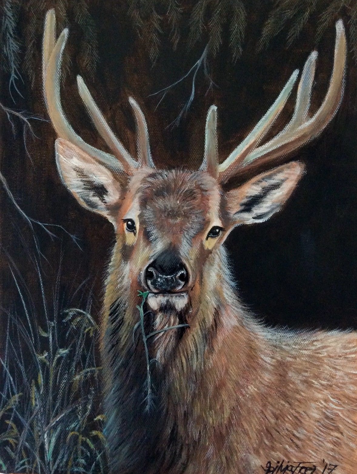 Oil painting of a red deer stag