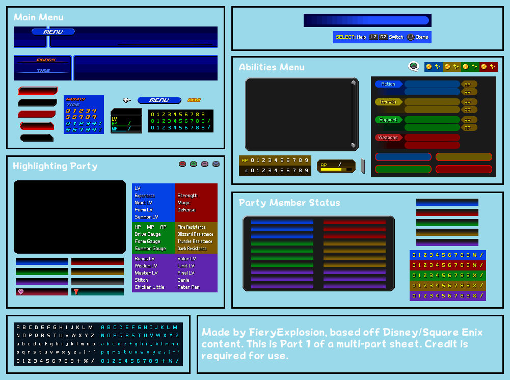 Kingdom Hearts II Menu 1 Main/Abilities/Status by FieryExplosion on
