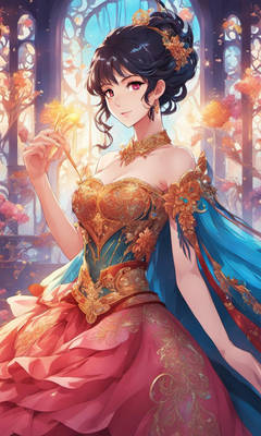 Pretty Black Haired Wearing Fantasy Gown