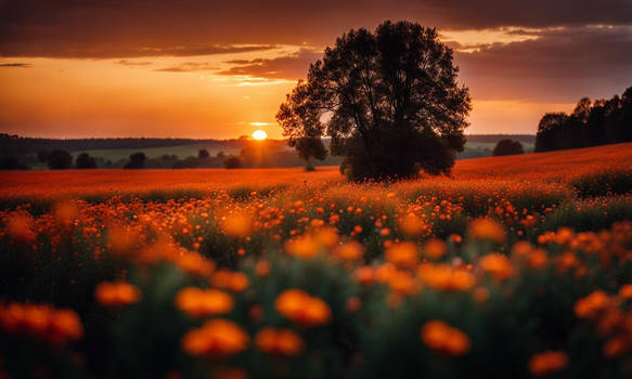 Beautiful field of orange  flowers, sunset, trees 