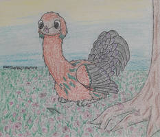 Sitting by the flower tree.