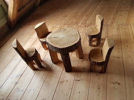 CHAIRS AND TABLE MADE OUT OF TREE TRUNKS