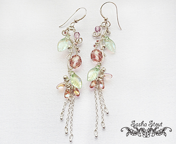 Pink and green wire wrapped dangle earrings