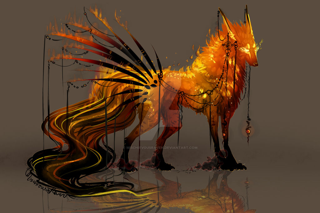 Легендарная лиса. Огненное магическое существо. Мистические животные. Арты мифических животных. Мифические животное с хвостом.