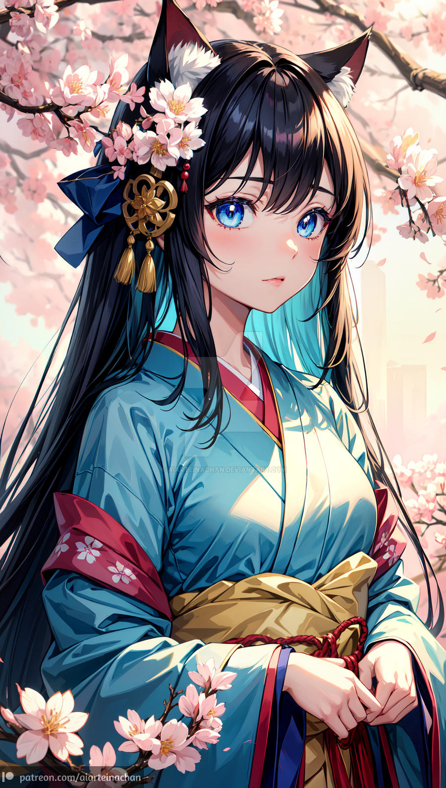 Blue Eyes Anime Girl Kimono Glance Background 4K HD Anime Girl