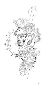 Flower/Lion King Baby name tattoo 