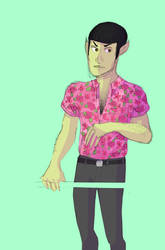spock is wearing a hawaiian shirt
