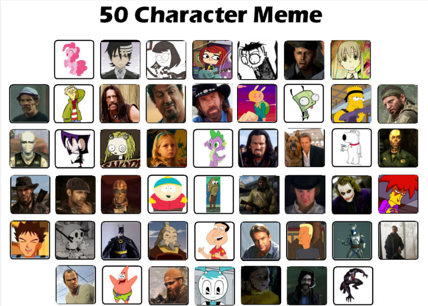 Memes characters. Meme персонажи. 100 Character meme шаблон. 50 Character list. Favorite characters meme.