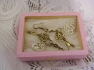 Bronze keys and silver heart and rose earrings