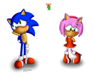 Sonic and Amy standing under the mistletoe