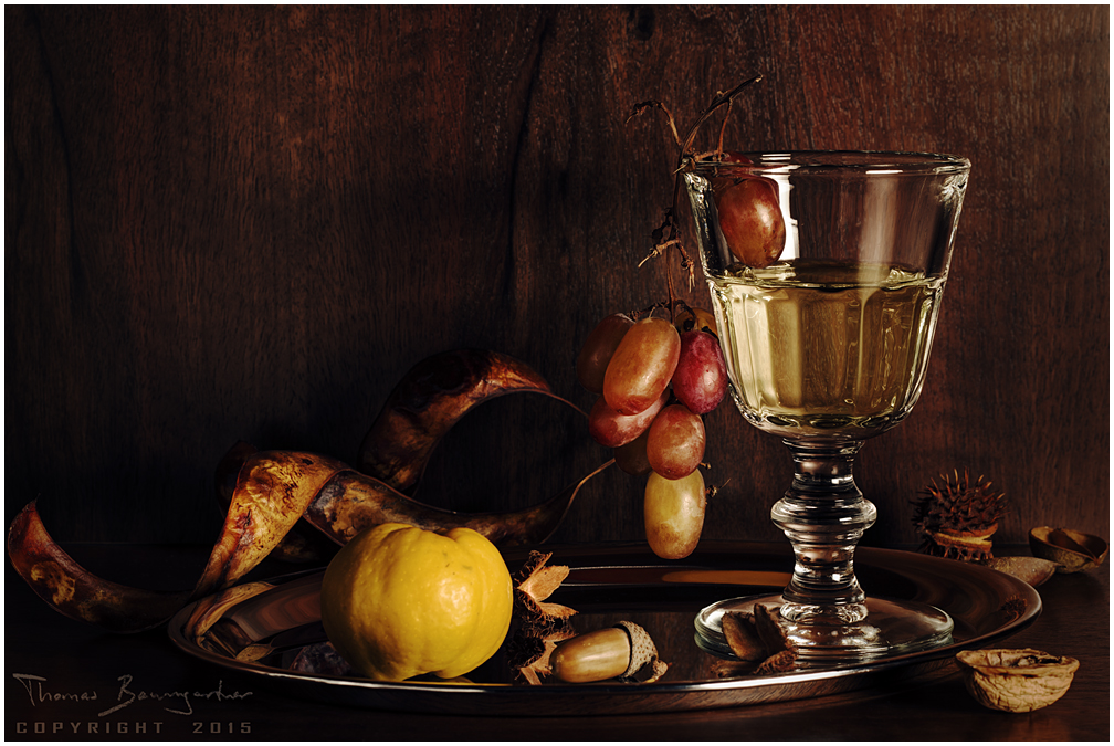 Still life with grapes and quince