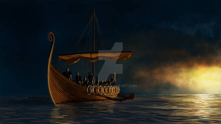 Viking ship under the gold shine
