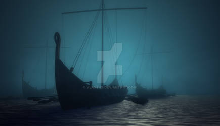 Vikings ships in the blue deep fog
