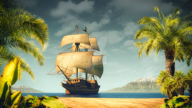 Pirates ship on the sea