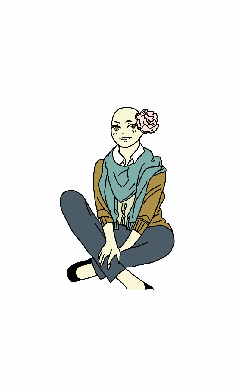 girl sitting down base with clothes and flower