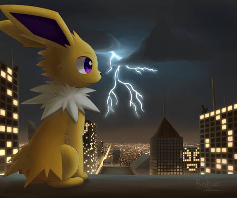 A Jolteon in a city of lights