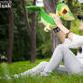 N Harmonia with Snivy. Pokemon Black White cosplay