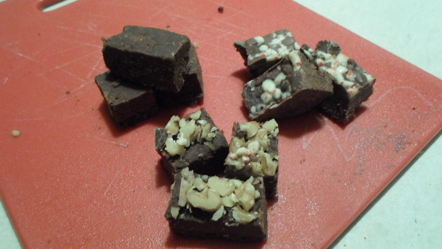 Peppermint bark, walnut, and plain topped fudge.