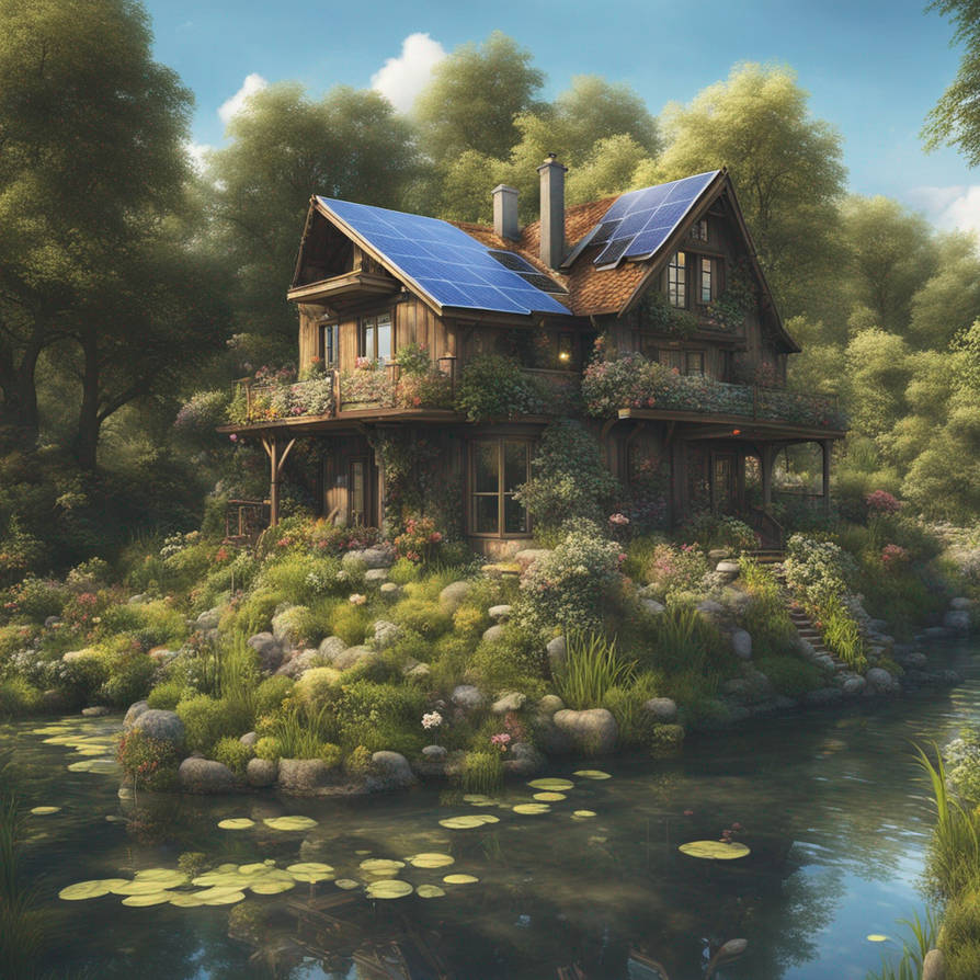 solarpunk river Country House Beatiful cottage by rlac12 on DeviantArt