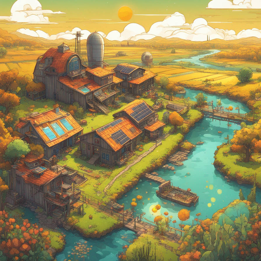 Bright Solarpunk Farm And River by rlac12 on DeviantArt