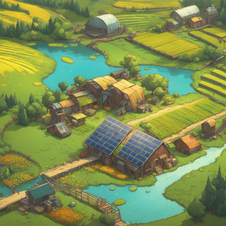 Bright Solarpunk Farm And River by rlac12 on DeviantArt