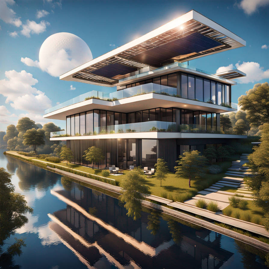 Solarpunk Luxury Mansion And River Sky View by rlac12 on DeviantArt