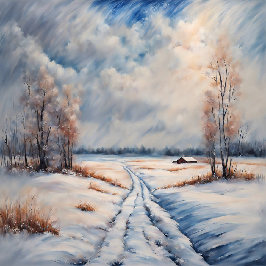 Beautiful snowy Russian steppe made with acrylic p