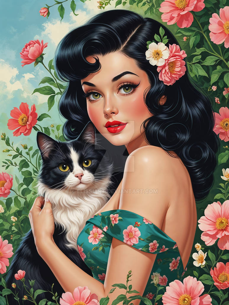 Pin Upcat Drawing Brunette Pin-Up holding Cute Cat by ElissiArt on DeviantArt