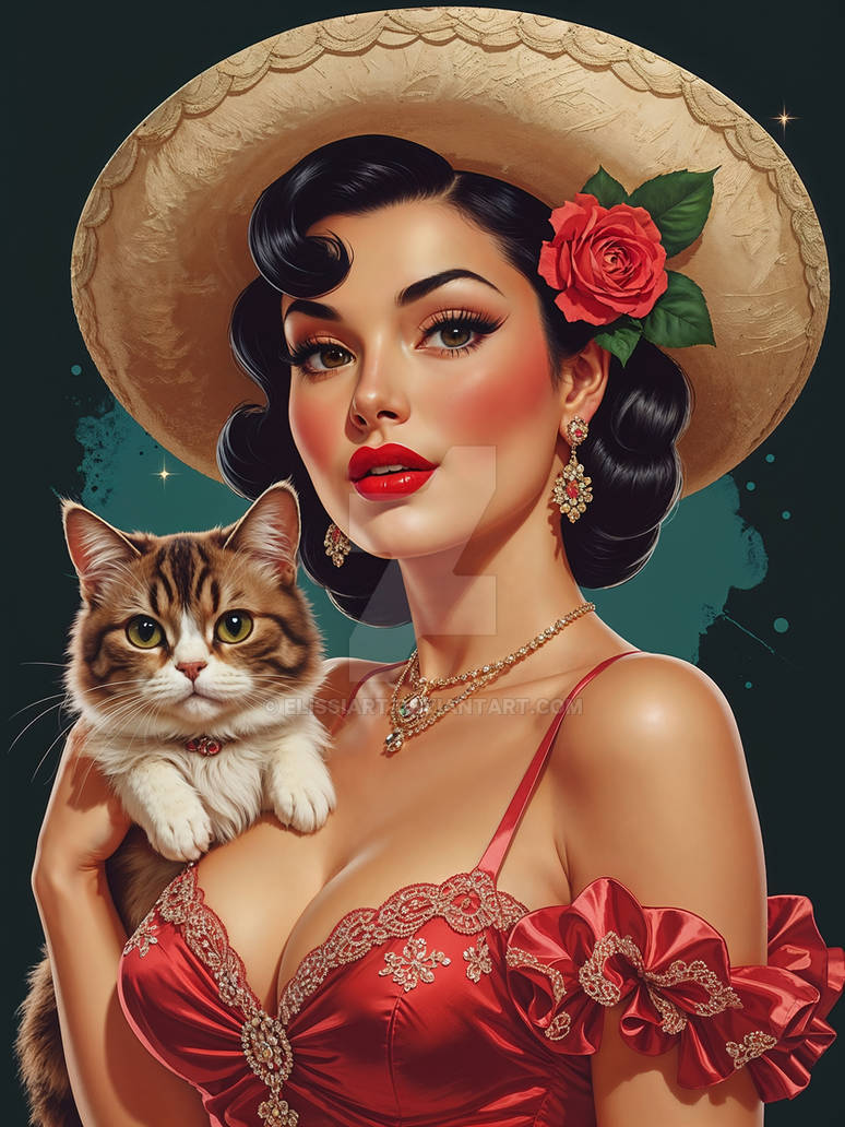 Pin Upcat Drawing Mexican Pin-Up holding Cute Cat by ElissiArt on DeviantArt