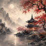 Moonlit pagoda by the lake
