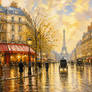 Rainy Paris Boulevard with Eiffel Tower Mist