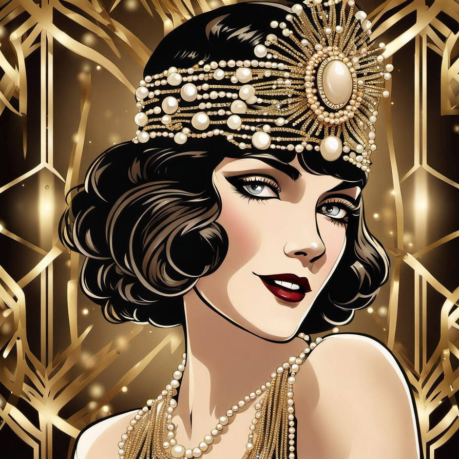 Brunette lady flapper dress gold pearls crystals by BelleBeryl on ...