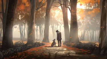 Man Walking A Dog In The Forrest