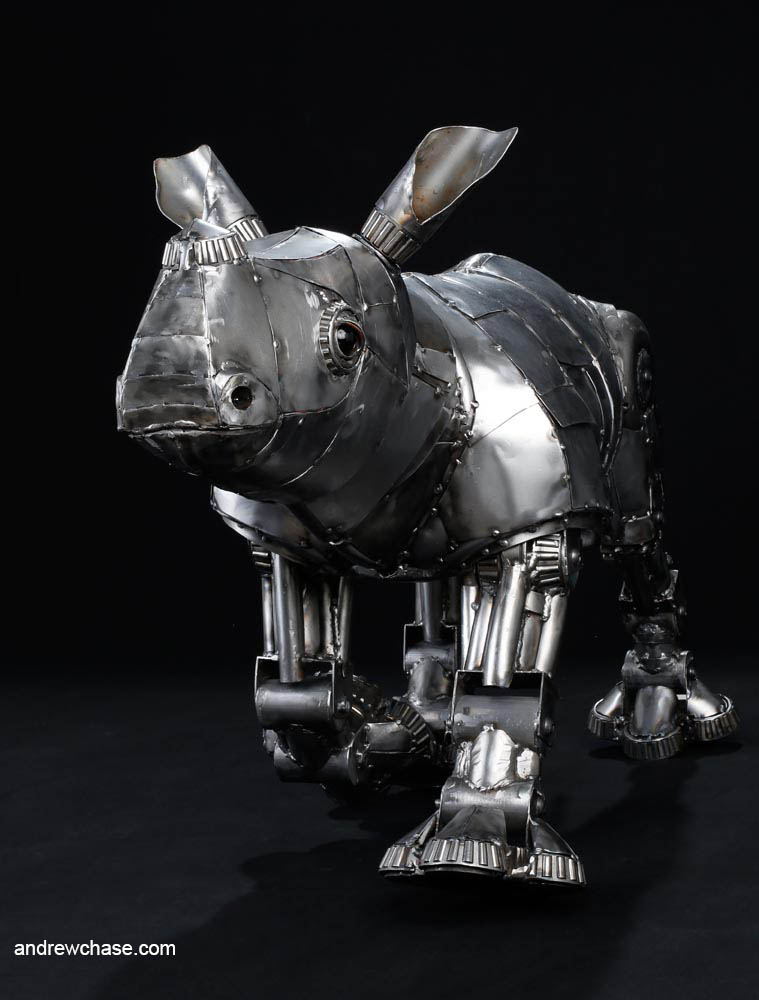 Articulated Metal Baby Rhino Sculpture - Trotting 