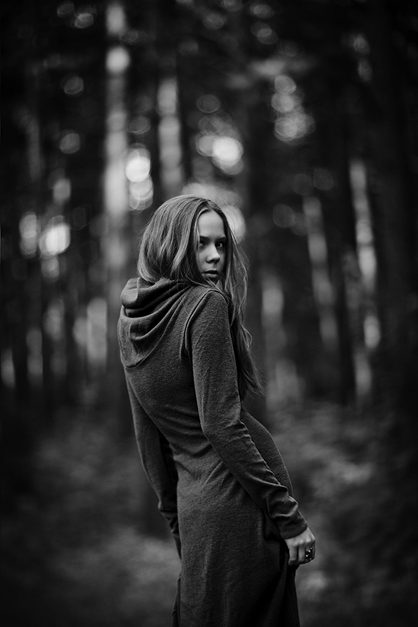 Maya in the pines (bw) by birdofdecadence