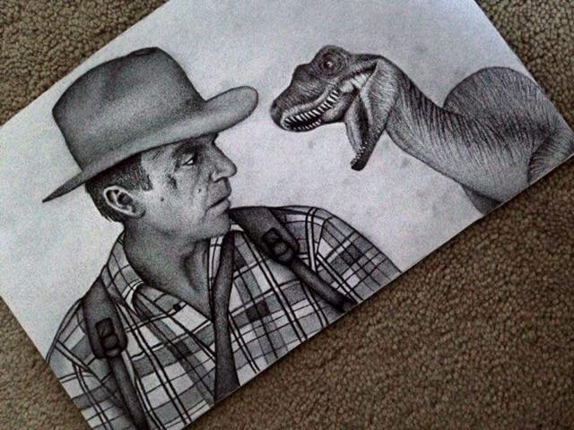Dr. Grant w/ raptor behind him- Jurassic Park3