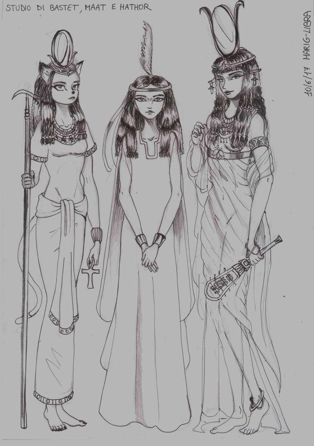 Sketch of  Bastet, Maat e Hathor