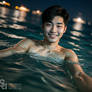 Cute asian guy swimming at night