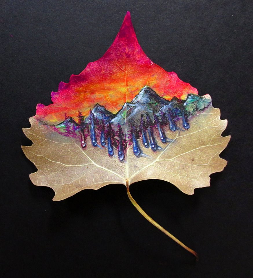 Psychedelic Mountains- Gel pen drawing on a leaf