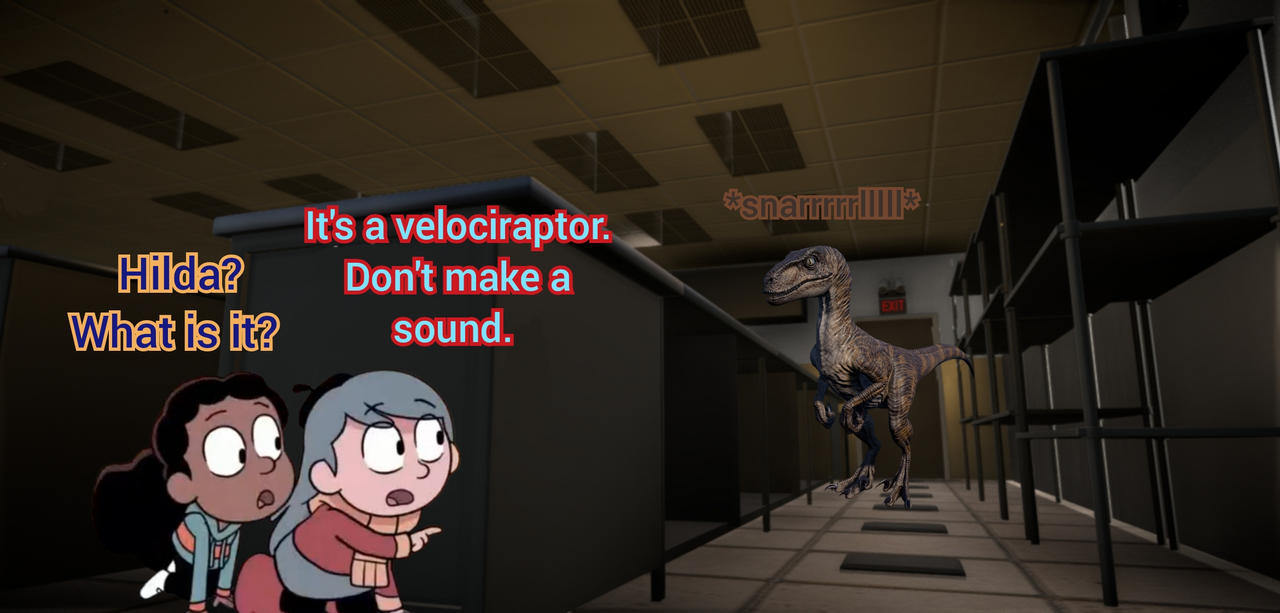 Hilda and Frida hide from a velociraptor by Ironmew05 on DeviantArt