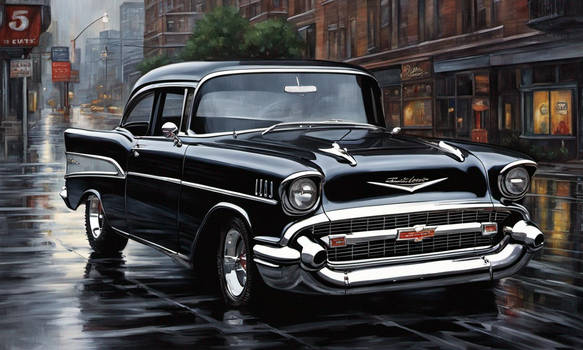 57 Chevrolet city scape dark wet