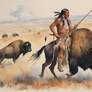 American Indian on a bison hunt watercolour