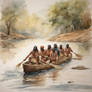 6 Indians paddling a war boat up the river waterco